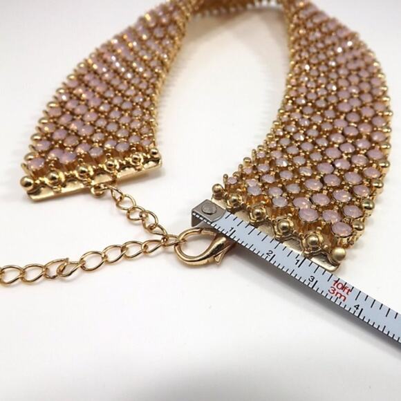 Pink Faux Opal Rhinestone Gold Stretch Links Wide Collar Necklace - Picture 6 of 8
